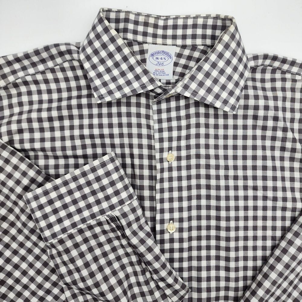 Brooks Brothers 346 Slim Fit Plaid Twill Fancy‎ Men's Shirt White Gray 16 4/5